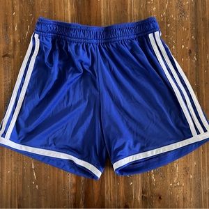 Adidas climalite soccer shorts. royal blue w/white stripes. small womens